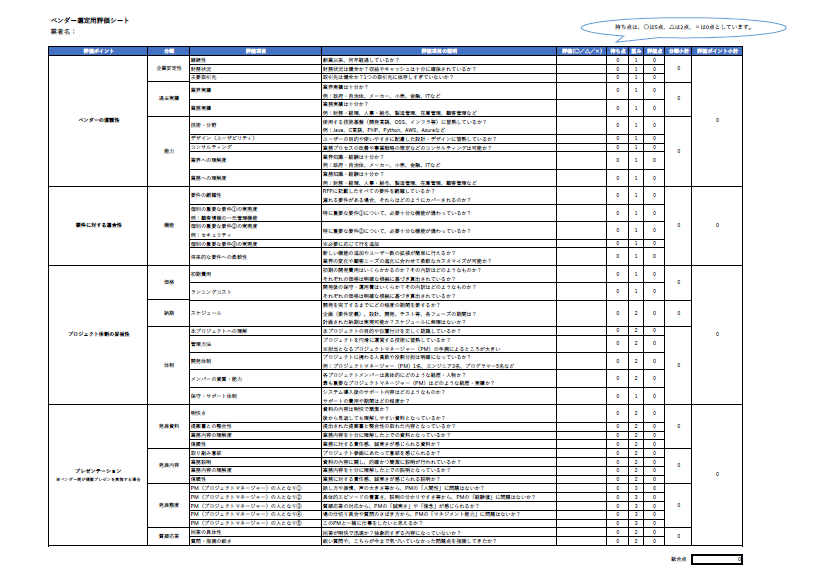 ベンダー評価表サンプル　ダウンロード